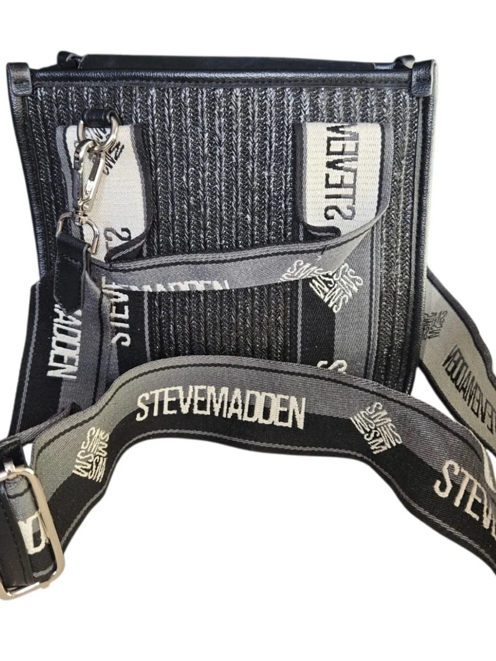 Steve Madden Black Woven Crossbody Bag with Logo Strap